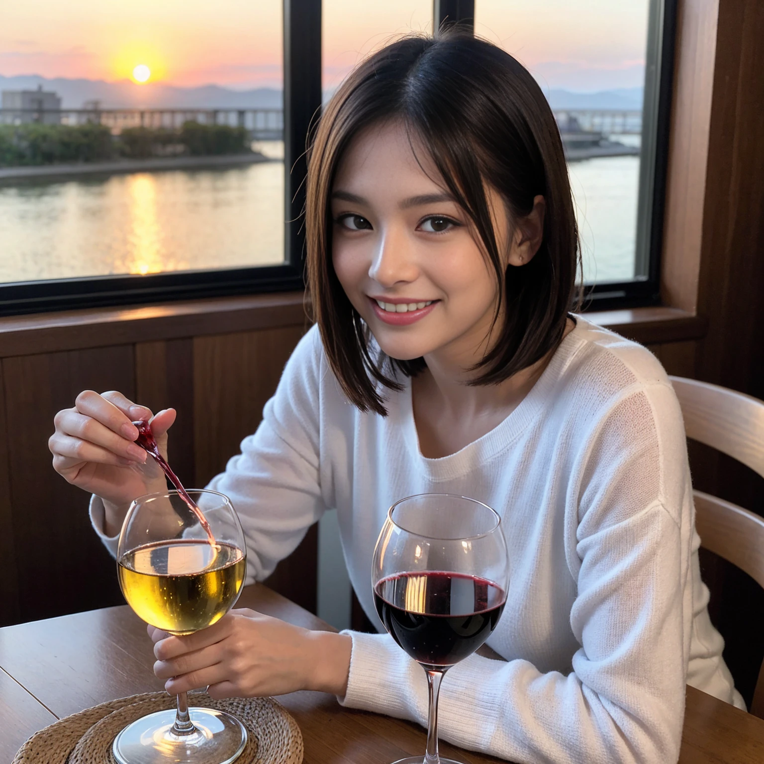 ((Highest quality、8K、masterpiece:1.3))、 (Ultra-realistic、 Genuine、Bright image、Intricate details:1.2), 最高のsmile、1 male、1 female、Beautiful couple、love love love、Lover in Hokkaido、Good friends、actress couple、smile、Full-course dinner at a packed table、 (Slim face), (the body is slim), (Brown Hair), (short hair), テーブルのwine glass、Please shine a light on my face、 Amazing view of the sunset sky and clouds、9 years old, red wine 、Wine bottle、sparkling wine、Long sleeve shirt、dress、White wine, red wine, wine glass, 