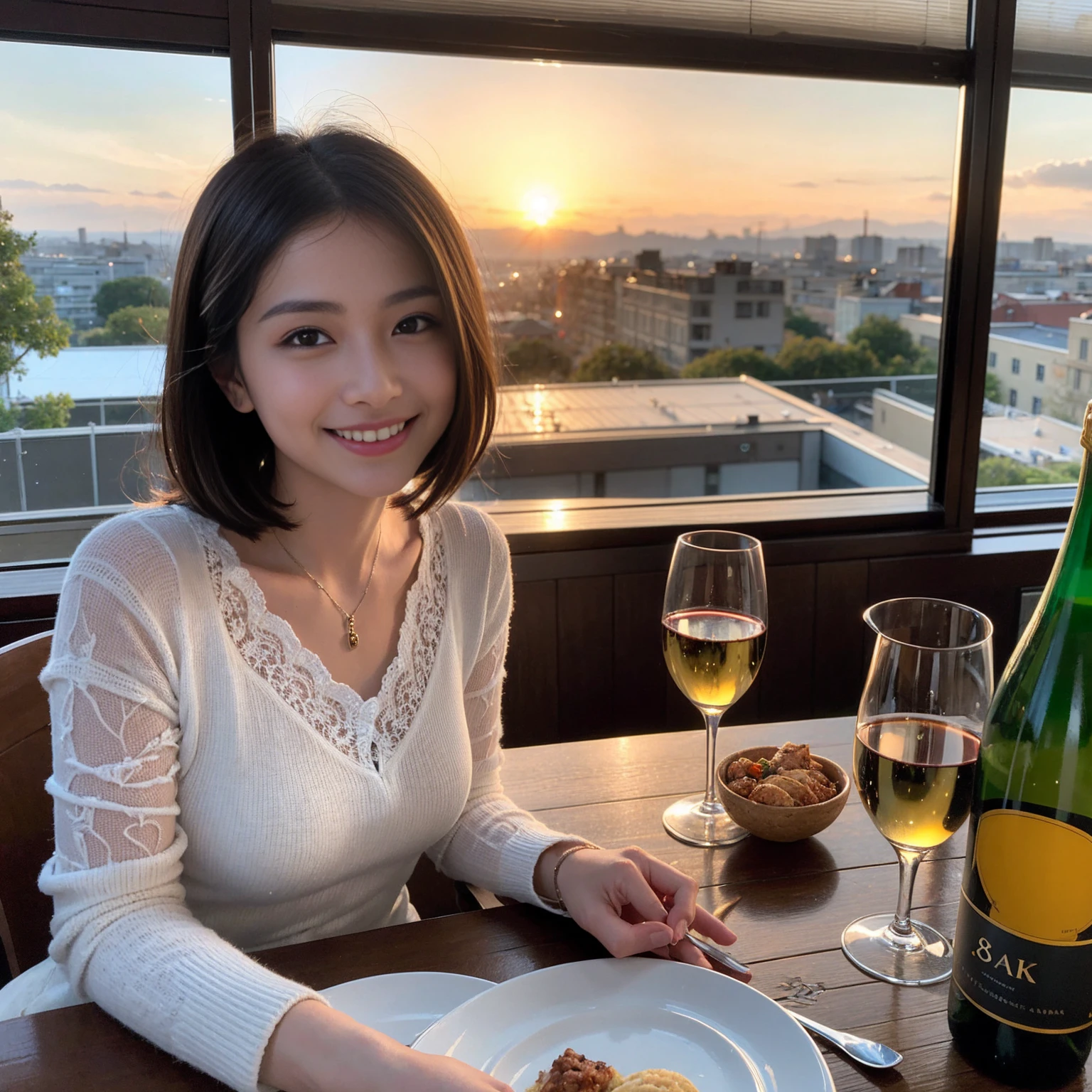 ((Highest quality、8K、masterpiece:1.3))、 (Ultra-realistic、 Genuine、Bright image、Intricate details:1.2), 最高のsmile、1 male、1 female、Beautiful couple、love love love、A lover who resembles Alice Hirose、Good friends、actress couple、smile、Full-course dinner at a packed table、 (Slim face), (the body is slim), (Brown Hair), (short hair), テーブルのwine glass、Please shine a light on my face、 Amazing view of the sunset sky and clouds、 39 years old, red wine 、Appetizers、Wine bottle、sparkling wine、Long sleeve shirt、dress、White wine, red wine, wine glass, 