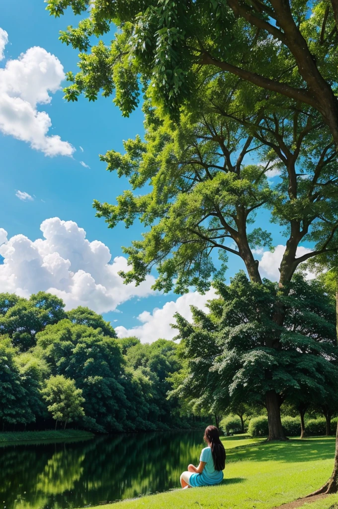 What a beautiful scene! The clear blue sky, the fluffy clouds, and the vibrant green tree create a sense of serenity. The person sitting underneath, lost in thought, seems to be in perfect harmony with nature. It’s a moment that invites reflection and appreciation. 🌳🌤️✨