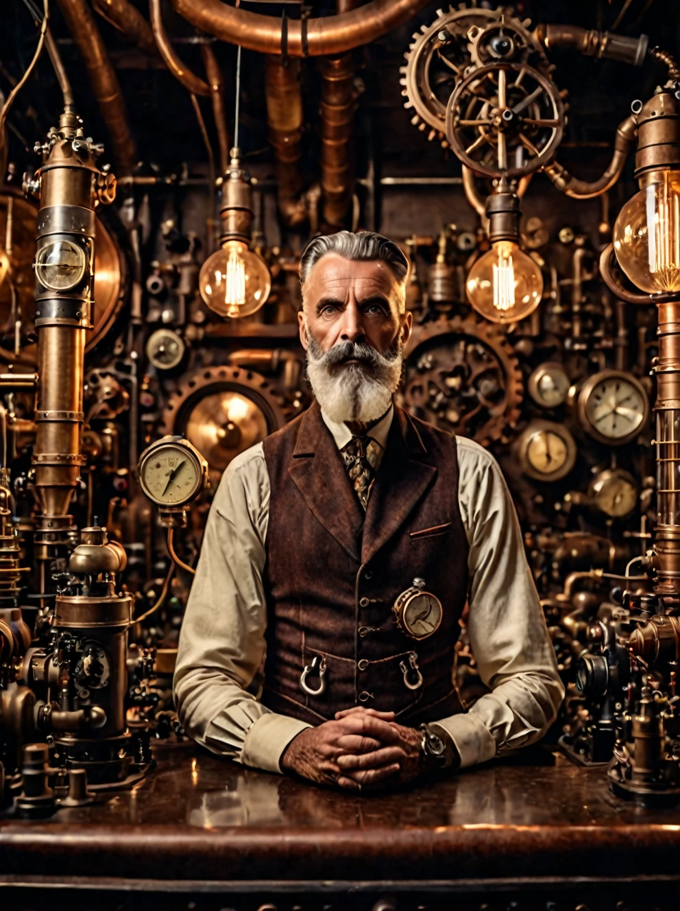 photo focus on male focus, indoors, realistic scenery, (captain nemo:1.1), retro-futuristic,  tinkering in his workshop,  vacuum tubes, thermionic valves, steampunk nautilus-style. very wide shot, character photo portrait, film, professional, 4k