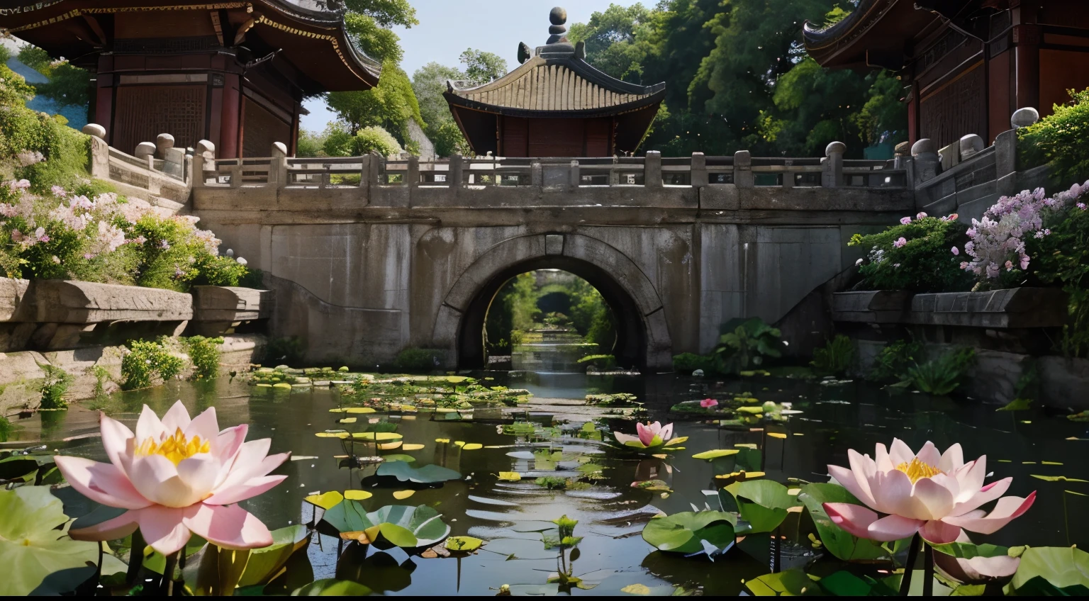 Ancient Chinese 拱itecture,3. A lotus pond,Close-up of lotus,Dragonfly flying among flowers,Epic Composition, High-resolution details, masterpiece, best quality, (Very detailed CG Unity 8k wallpaper) - At 6 o'clock