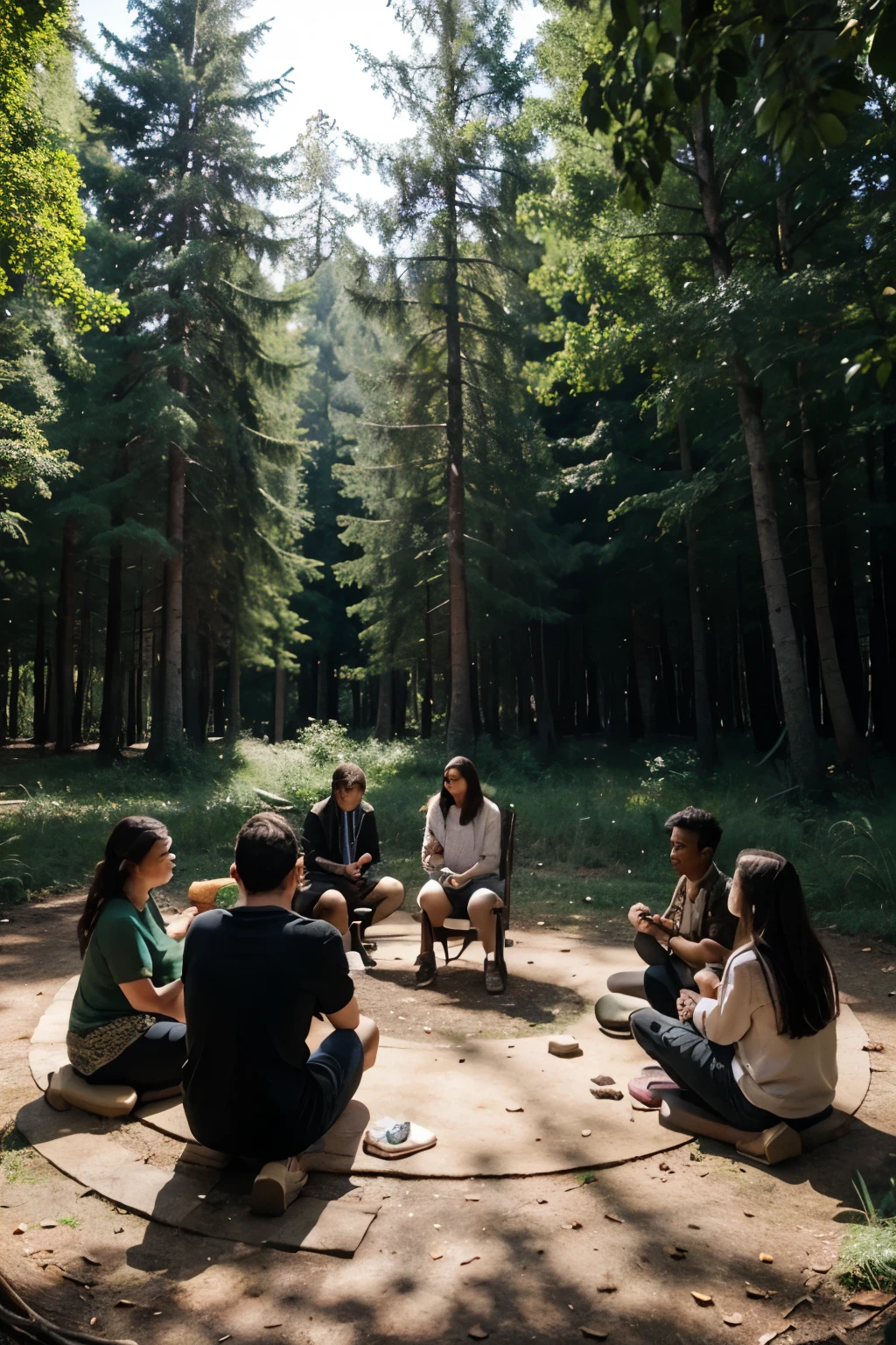 I need you to make a group of people sitting in a circle in a forest