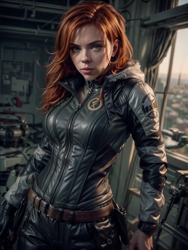 photorealism, full body, a young woman, puffer down jacket & pants, leather, orange hair,beautiful realistic eyes; fantastic face, beautiful look, Michael Garmash, Daniel F Gerhartz, Storybook style, warm dreamy lighting, white background, volumetric lighting, pulp adventure style, fluid acrylic, dynamic gradients, vivid color, illustration, highly detailed vector curves, simple, smooth and clean, vector art, smooth, Johan Grenier, character design, 3d shading, cinematic, ornate patterns, elegant organic framing, hyperrealism, posterized, collection of masterpieces, lush vivid colors, twilight, wet gouache,scarlett johansson
