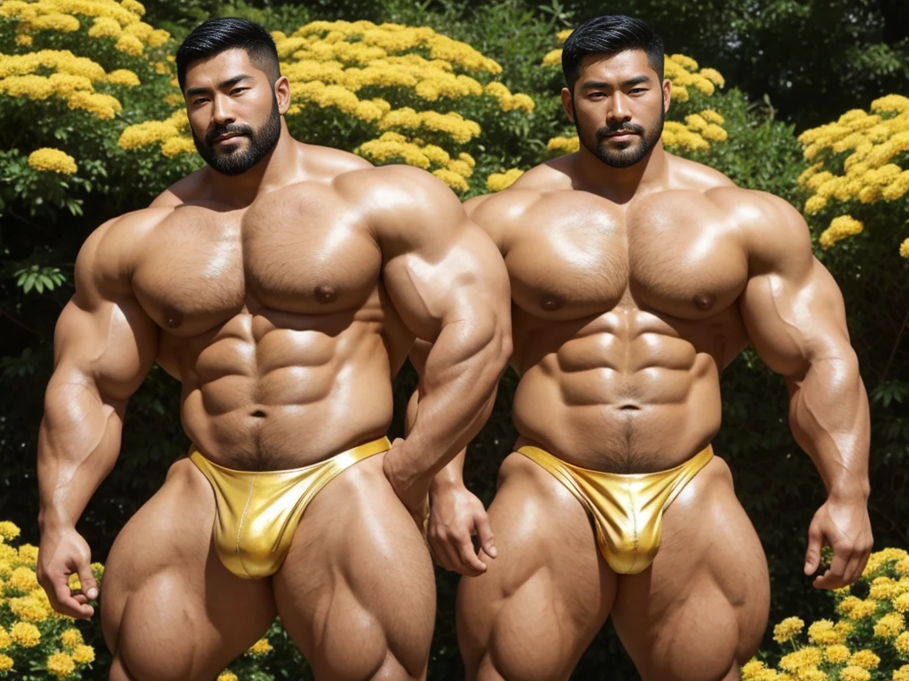 There is only one handsome Asian actor in the picture,30 years old,Tall and handsome, Toned body,short hair, O-Shaped Beard,Perfect body, Dark skin,Glowing skin,Smooth skin,The body is hairless,Muscle bulge, Muscular, Very large pectoral muscles,Very sexy abdominal muscles,Very well-developed leg muscles,Huge concave and convex area,Brightens oily skin,Wearing a gold leather shiny thong,Handsome face, Correct and accurate male body proportions, Stand among the flowers。