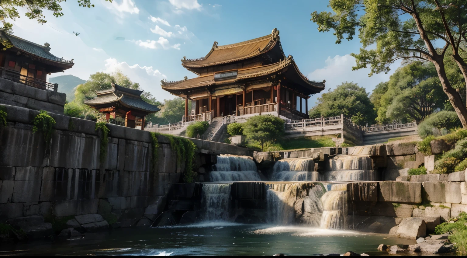 Ancient Chinese 拱itecture,3. 7. The scene returns to the sun again,At this time, the sun is pouring down on the earth like a golden waterfall。Trees、Flowers, plants and animals all seem to be full of vitality under the sunshine.,Full of vitality, Epic Composition, High-resolution details, masterpiece, best quality, (Very detailed CG Unity 8k wallpaper) - At 6 o'clock