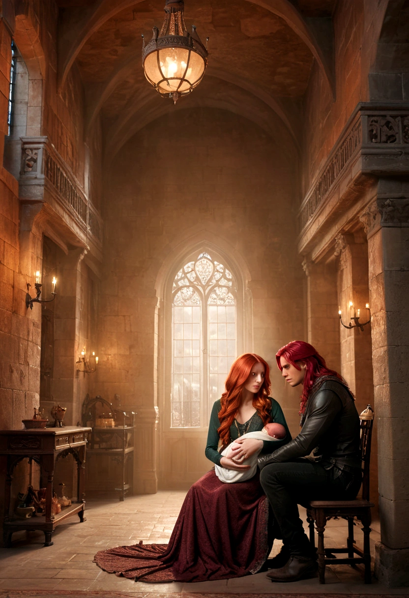 a beautiful young woman with long red hair, a young man with dark hair and a hooked nose, both tenderly caring for their two newborn babies, sitting in a cozy and ornate castle interior, warm lighting, intricate architectural details, rich textures and colors, cinematic composition, highly detailed, photorealistic, masterpiece