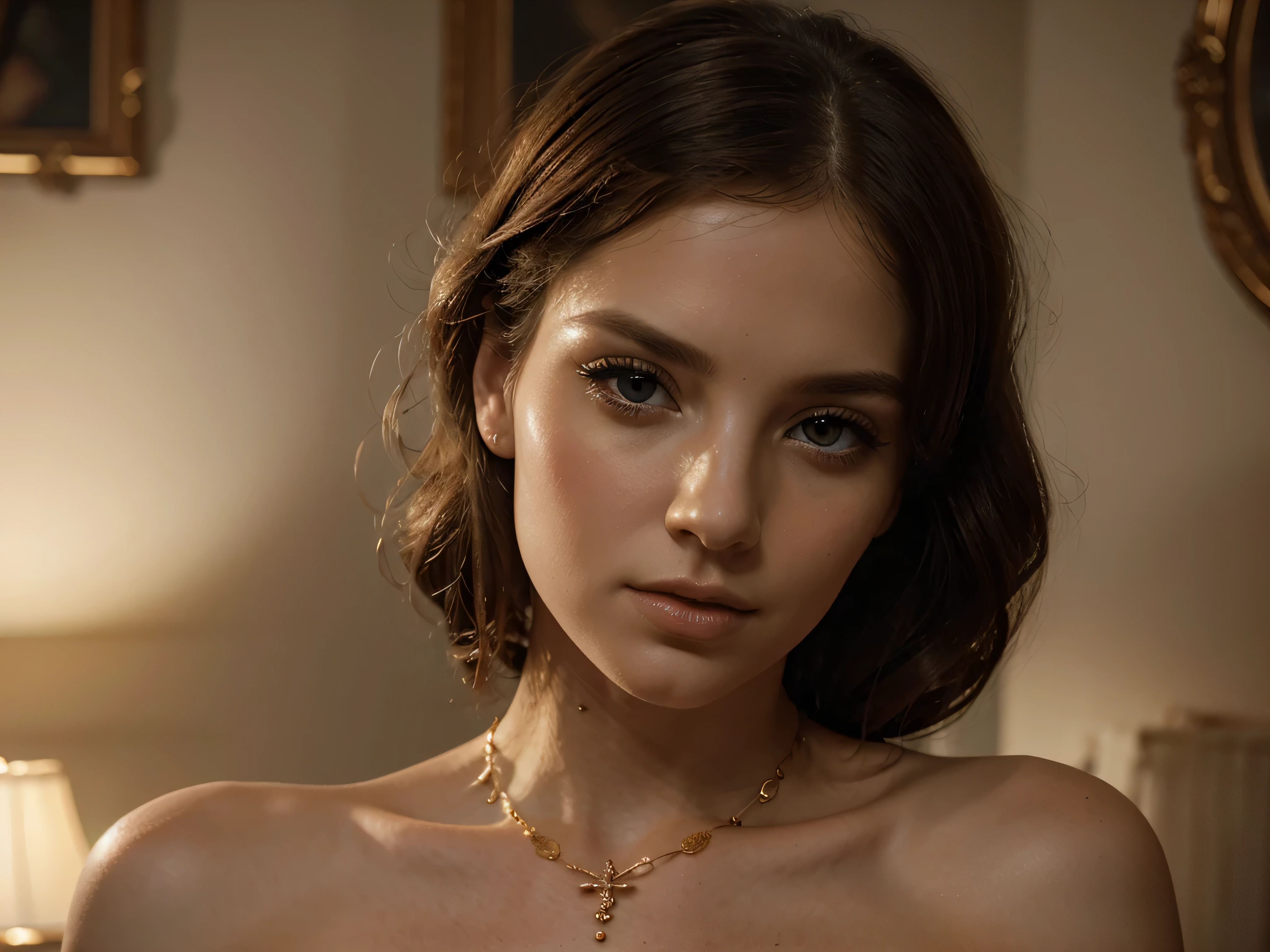 A chiaroscuro portrait of a woman, beautiful detailed eyes, beautiful detailed lips, extremely detailed eyes and face, long eyelashes, porcelain skin, elegant hairstyle, intricate jewelry, dramatic lighting, Renaissance style, dramatic shadows, warm golden tones, dramatic chiaroscuro lighting, ultra-detailed, 8k, photorealistic, masterpiece, cinematic, dramatic atmosphere, elegant and regal