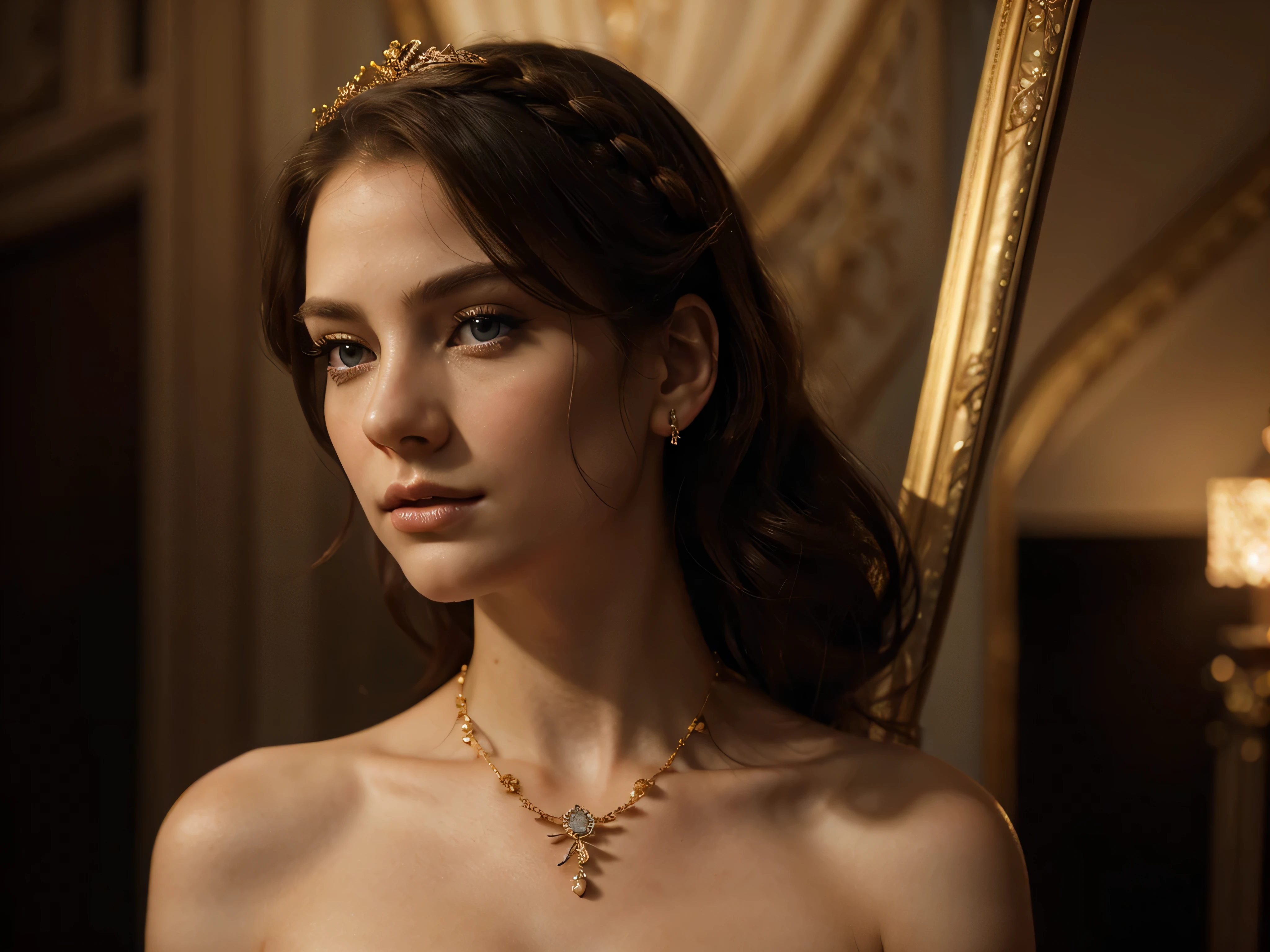 A chiaroscuro portrait of a woman, beautiful detailed eyes, beautiful detailed lips, extremely detailed eyes and face, long eyelashes, porcelain skin, elegant hairstyle, intricate jewelry, dramatic lighting, Renaissance style, dramatic shadows, warm golden tones, dramatic chiaroscuro lighting, ultra-detailed, 8k, photorealistic, masterpiece, cinematic, dramatic atmosphere, elegant and regal