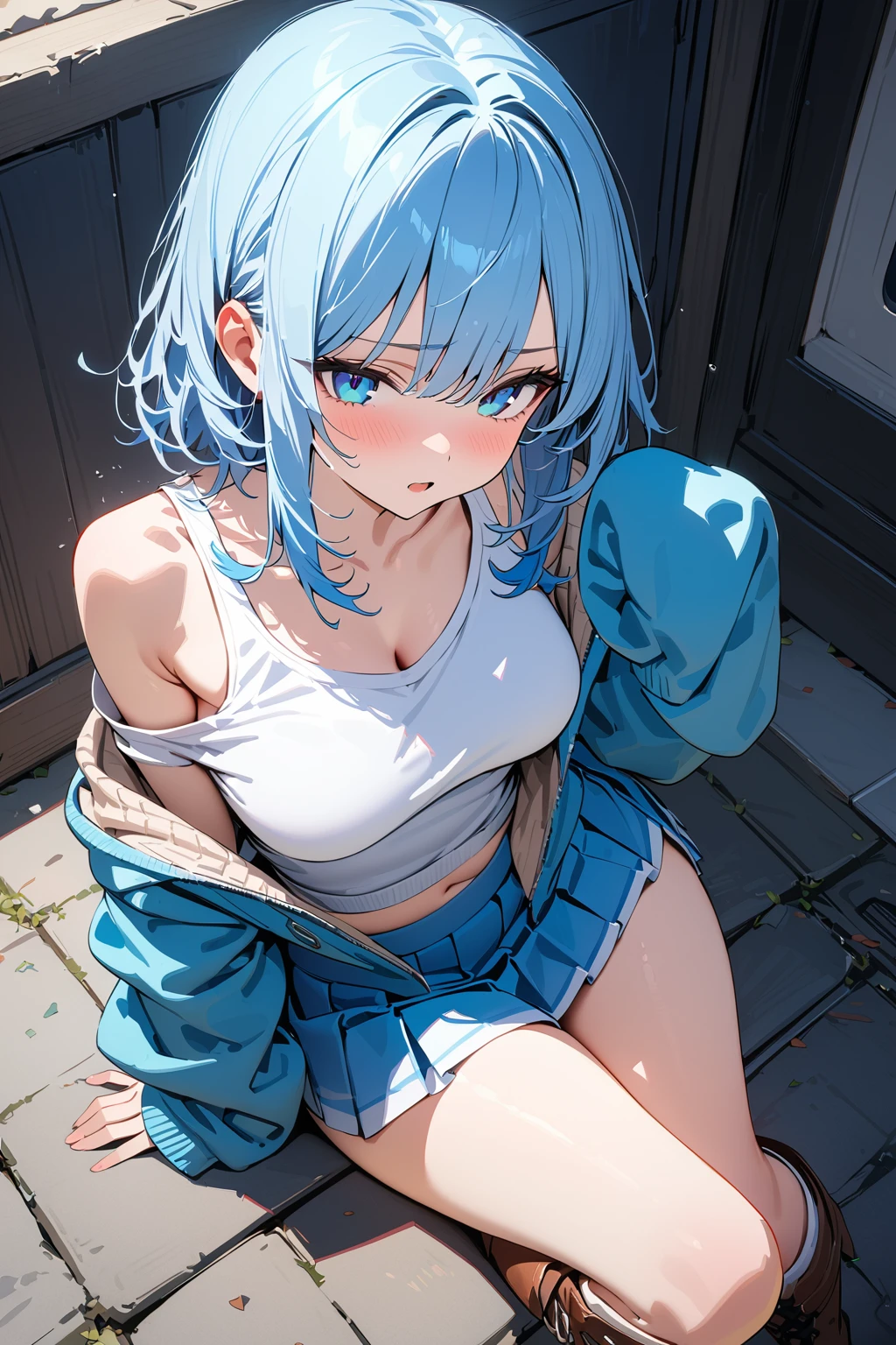 (masterpiece, best quality:1.5), (ultra detailed, high resolution, 8k, beautiful detailed, UHD, best anatomy), 1 cute girl, pale blue hair, medium breasts, sleeves past fingers, sweatshirt, Flared skirt, boots, dazed look