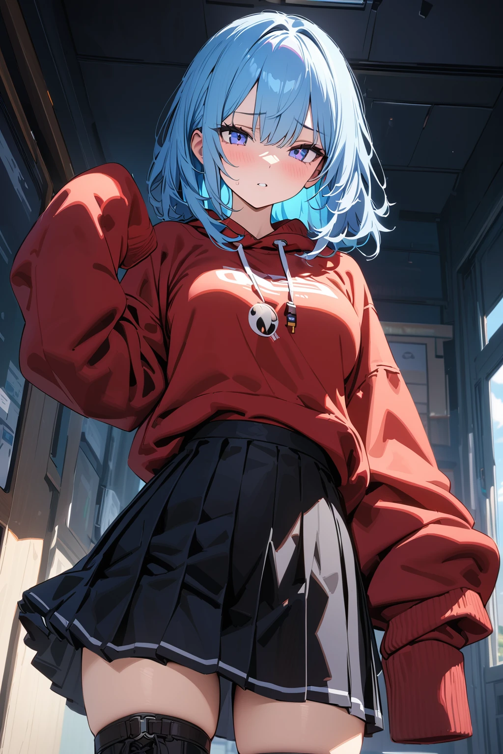 (masterpiece, best quality:1.5), (ultra detailed, high resolution, 8k, beautiful detailed, UHD, best ), 1 cute girl, pale blue hair, medium breasts, sleeves past fingers, sweatshirt, Flared skirt, boots, dazed look
