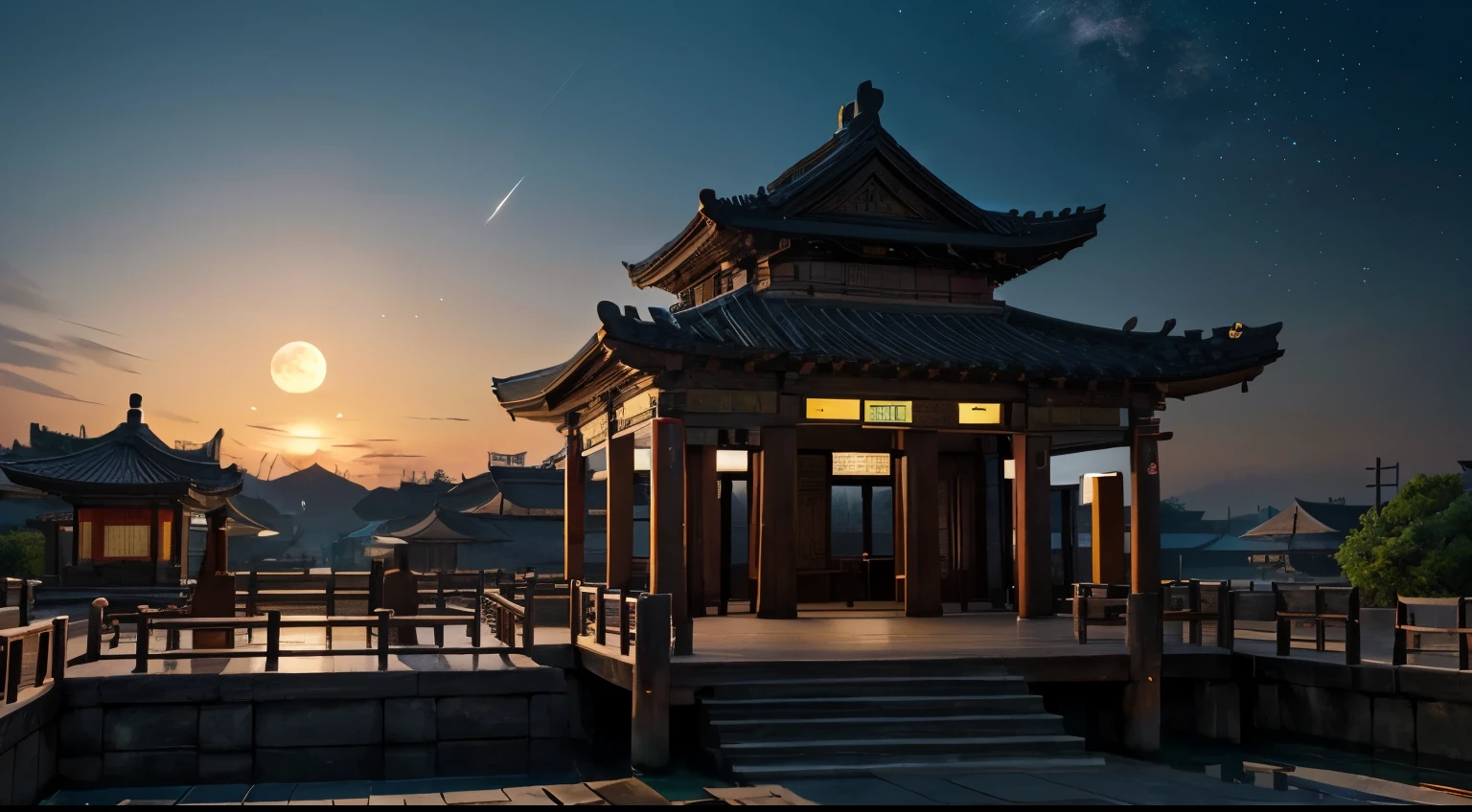 Ancient Chinese 拱itecture,3. The scene transitions to evening。The sun is slowly setting，The color of the sky gradually changes from bright to dark。Nightfall，moon rising，The stars began to twinkle in the night sky, Epic Composition, High-resolution details, masterpiece, best quality, (Very detailed CG Unity 8k wallpaper) - At 6 o&#39;clock