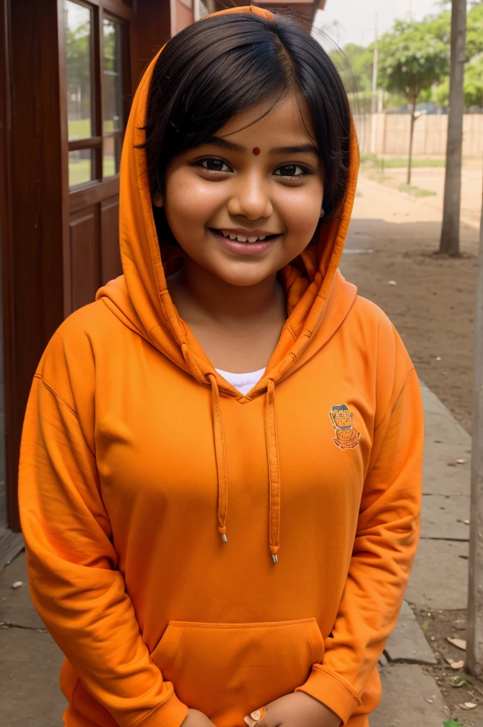 Selfie of a young chubby Indian girl wearing a orange hoodie short hair and fair complexion smiling