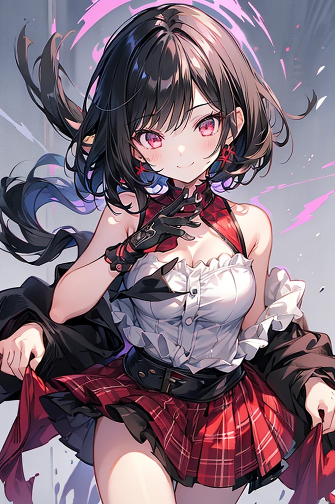 One Girl，Short black hair　Beautiful eyes　Red eyes　Beautiful girl　cool　smile　Black Coat　mini skirt　whole body　Night view　Beautifully detailed face and eyes、Detailed eyes and face、Intricate details, Ergonomically correct depiction of five fingers, 繊細なsmile