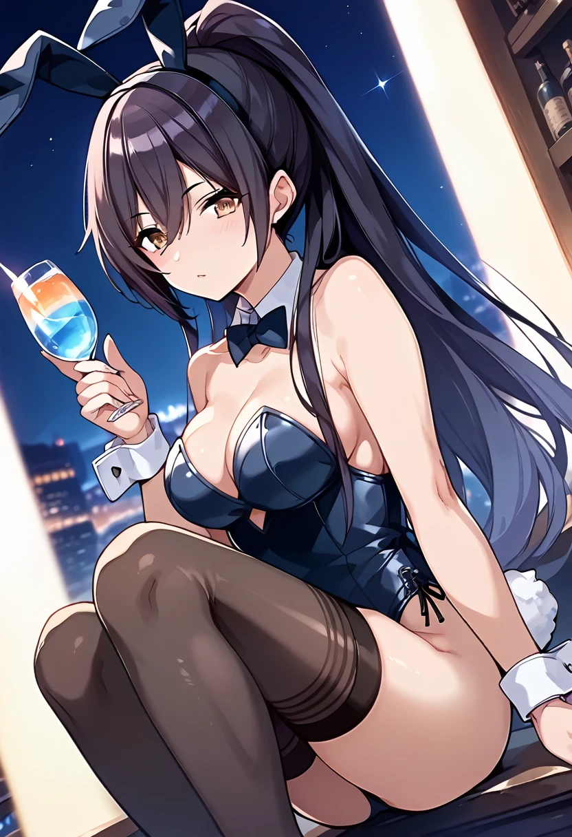 score_9, score_8_up, score_7_up, source_anime, 1girl, jk, 15yo, srssky, very long hair, black hair, high ponytail, bangs, hair between eyes, yellow eyes, large , 
, solo, cinematic angle, 
cute, blush,
( playboy  Costumes),(fake  ears),(black stockings:1.2),High heels,(rabbit_tail:1.2), bar, dark background, night, night time,
masterpiece, best quality, very aesthetic, absurdres,
 