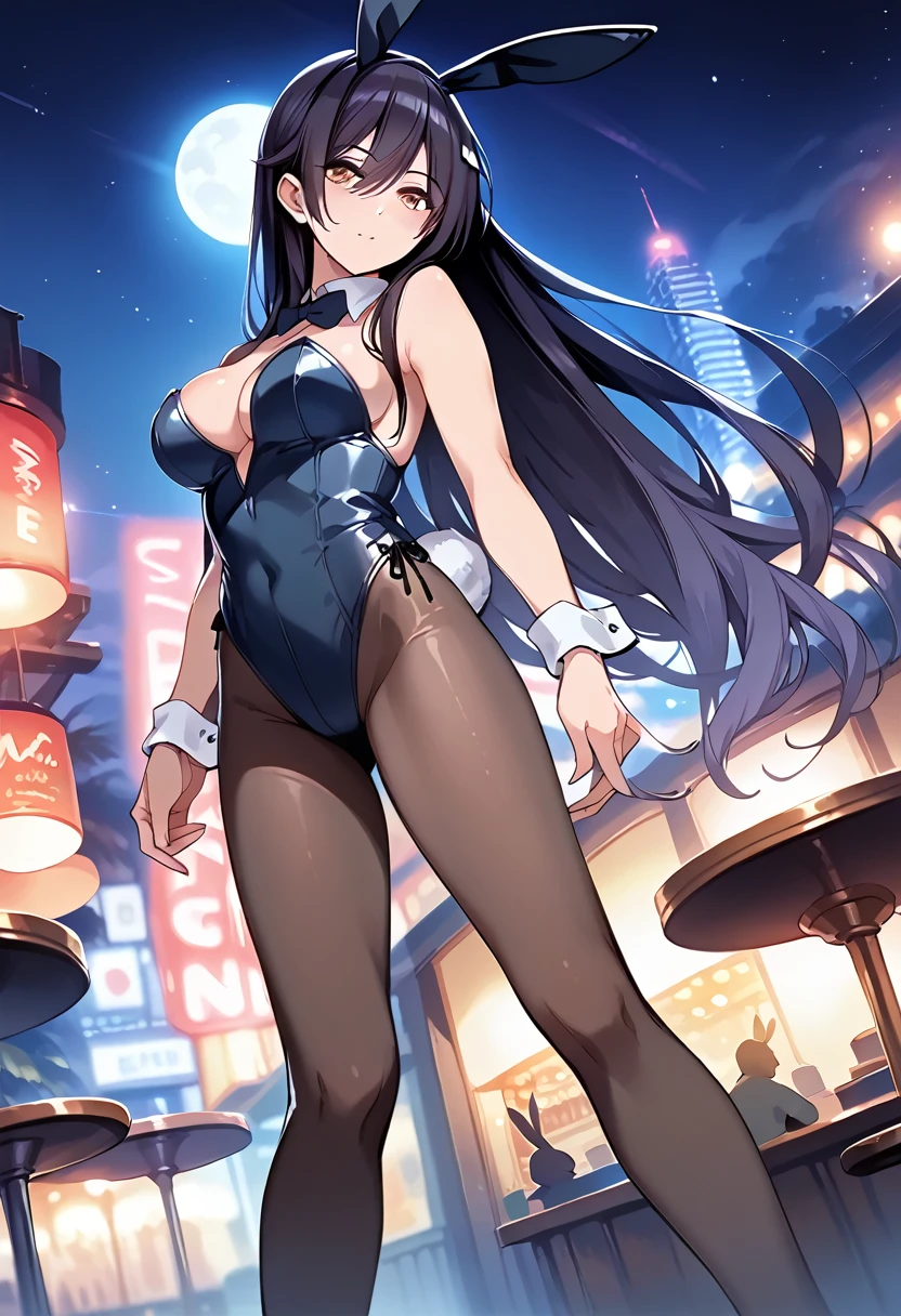 score_9, score_8_up, score_7_up, source_anime, 1girl, jk, 15yo, srssky, very long hair, black hair, high ponytail, bangs, hair between eyes, yellow eyes, large , 
, solo, cinematic angle, 
cute, blush,
( playboy  Costumes),(fake  ears),(black stockings:1.2),High heels,(rabbit_tail:1.2), bar, dark background, night, night time,
masterpiece, best quality, very aesthetic, absurdres,
 