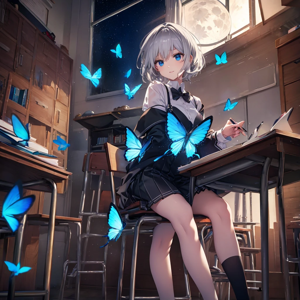(((1 person Gray Hair Holding a pen classroom Chair sit))) ((High resolution short hair tie Black Skirt Rin々Funny face )) ((student blue eyes Close-up)) ((Blue Butterfly night 学校のclassroom Shining Aura sit Catch the wind Looking at the moon outside)) (smile Bathed in light) 月night moonlight star Shuriken Shining Background Shining Edge