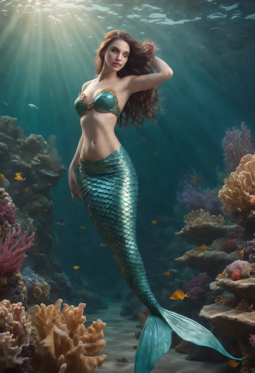(professional 3d render:1.3) ((full body of a mermaid swimming)) (Realistic:1.3) most beautiful artwork photo in the world,(((brown hair))), ((detailed brown eyes)), brunette, Mediterranean face, beautiful face, Caucasian, ((long mermaid tail)), (((detailed mermaid fins))), full body, movement, Features soft and shiny, ((Epic mermaid fantasy long hair in dynamic pose,full tail, Fantastic location, Majestic cluttered environment)), full body 8k unity render, action shot, skin pore, heavyshading, Detailed, Detailed face, (vibrant, photograph realistic, Realistic, Dramatic, Dark, Sharp focus, 8K), (fish scales:1.4), ((((mermaid tail)))), (Intricate:1.4), decadent, (Highly detailed:1.4), Digital painting, rendering by octane, art stations, concept-art, smooth, Sharp focus, illustration, Art germ, (loish:0.23), (Global illumination, Studio light, volumettic light), underwater, ocean, lotr, fantasy, mermaid, ((ocean background:1.3)),((sea life:1.3)),((corals:1.3)),CGSesociety,art stations
