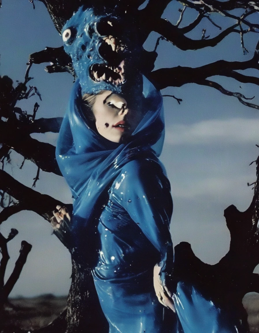 film photography, vintage, fashion shoot of female horror monster, blue dark background