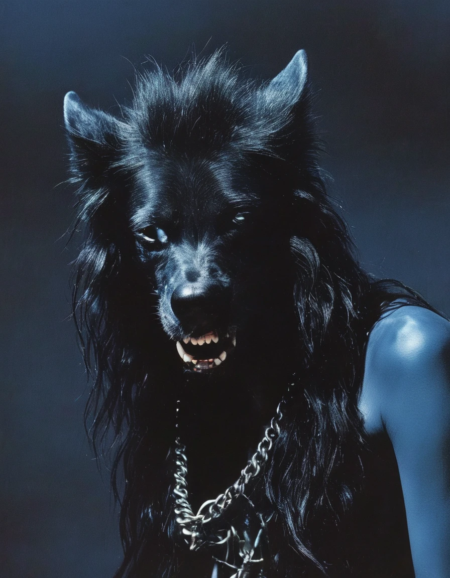 film photography, vintage, fashion shoot of female horror monster, blue dark background