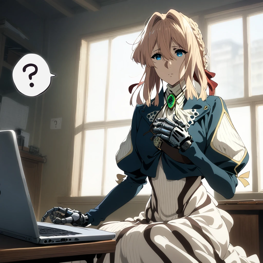 masterpiece, best quality, very aesthetic, absurdres, aave, braid, hair ribbon, red ribbon, jewelry, white ascot, brooch, blue jacket, long sleeves, mechanical hands, white dress, long dress, violet evergarden, indoors, window, sitting, desk, laptop, ?, spoken question mark,