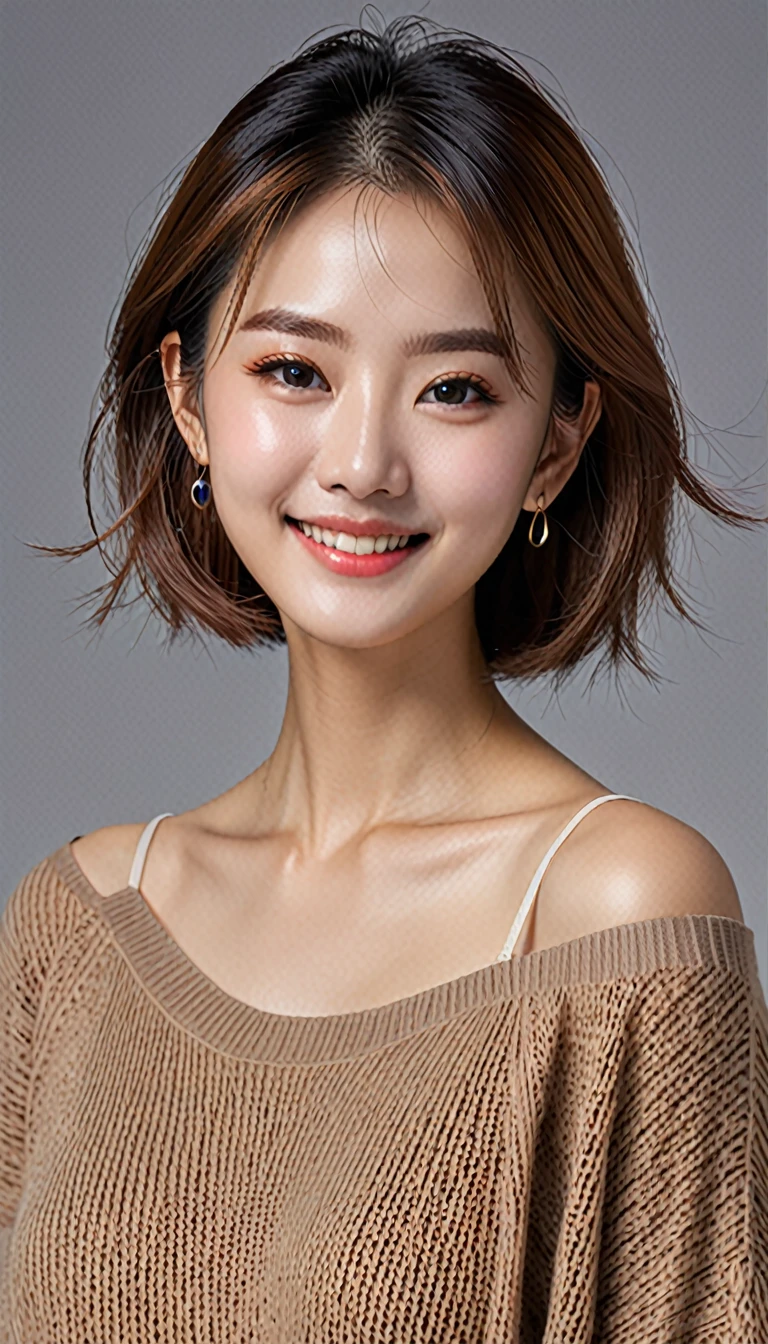 (masterpiece:1.3), (8K, Photorealsitic, Raw photography, Top image quality: 1.4), (Random hairstyles:1.2)、cleavage of the breast:1.5、Super Detail Face、Eye of Detail、double eyelid、Bring your chest together、sharp focus:1.2、prety woman:1.4、light brown hair、top-quality、masterpiece、超A high resolution、(Photorealsitic:1.4)、Highly detailed and professional lighting smile、Loose and light knitwear、Shoulder out、slender、serious facial expression、short-haired、Fatal position