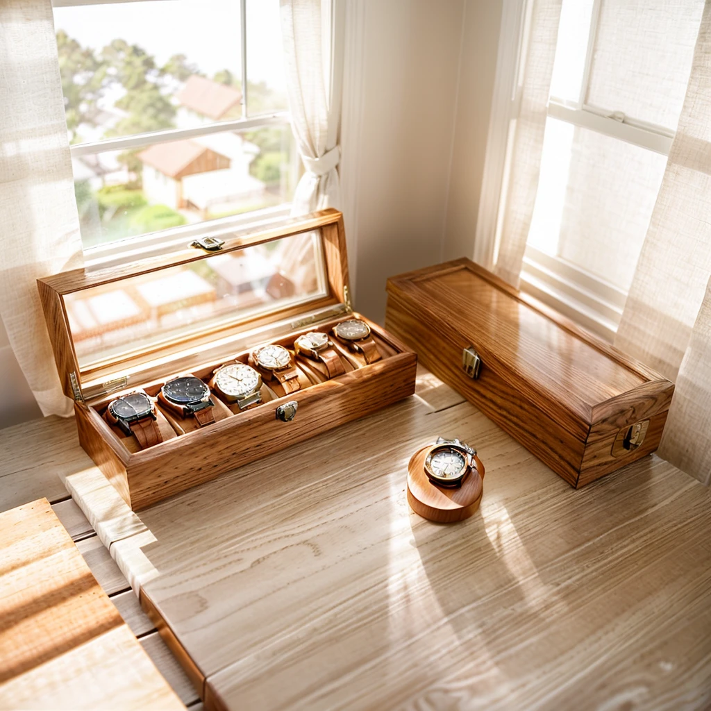In this cozy room,A ray of sunlight shone through the half-drawn curtains on the table,Let the wood grain on the watch storage box shine with a faint luster。There was a calm and peaceful atmosphere in the air around them。There are several still lifes hanging on the walls of the room,It adds a touch of elegance to the space。And on the other side of the room,The half-open window lets in the breeze,The pages on the small desk by the window turned in the wind,This quiet scene gives a sense of tranquility and comfort。