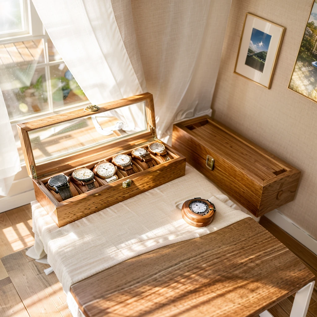 In this cozy room，A ray of sunlight shone through the half-drawn curtains on the table，Let the wood grain on the watch storage box shine with a faint luster。There was a calm and peaceful atmosphere in the air around them。There are several still lifes hanging on the walls of the room，It adds a touch of elegance to the space。And on the other side of the room，The half-open window lets in the breeze，The pages on the small desk by the window turned in the wind，This quiet scene gives a sense of tranquility and comfort。


