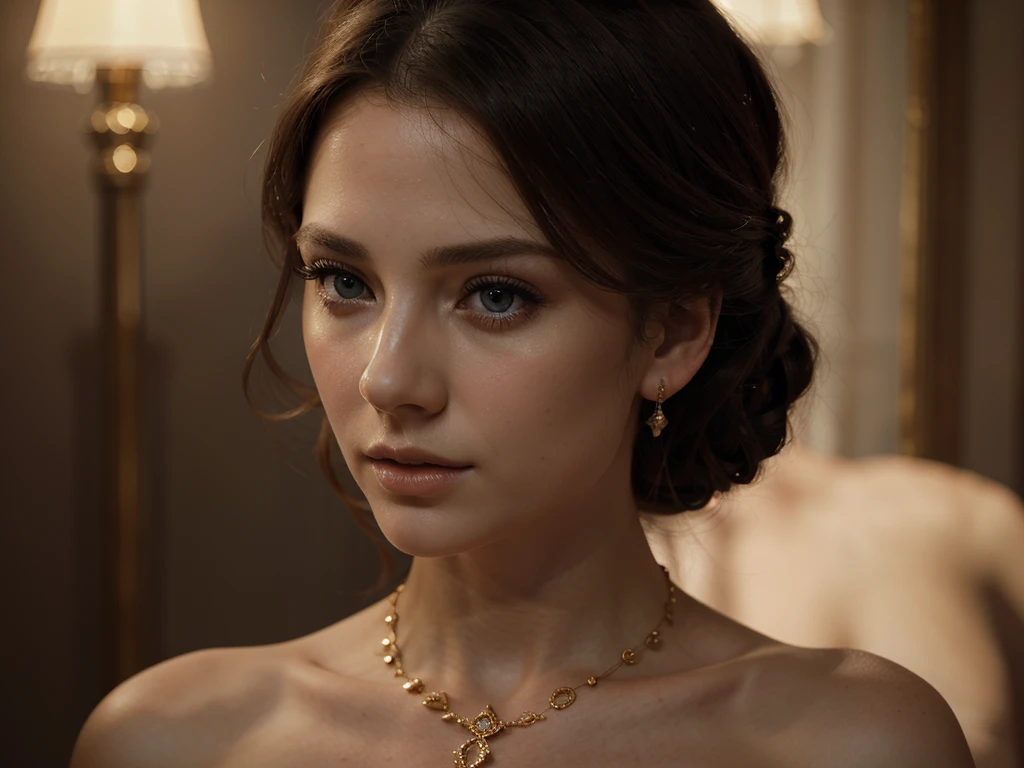 A chiaroscuro portrait of a woman, beautiful detailed eyes, beautiful detailed lips, extremely detailed eyes and face, long eyelashes, porcelain skin, elegant hairstyle, intricate jewelry, dramatic lighting, Renaissance style, dramatic shadows, warm golden tones, dramatic chiaroscuro lighting, ultra-detailed, 8k, photorealistic, masterpiece, cinematic, dramatic atmosphere, elegant and regal