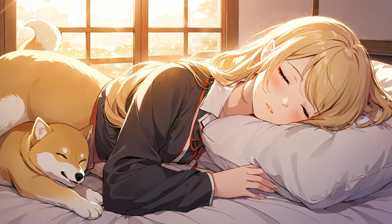 Japanese animation style、Create a digital illustration of an adult elf woman sleeping in a large bed、She is wearing a rather large shirt.、Relaxed facial expression、Long, loosely wavy blonde hair、Sleeping with her pet Shiba Inu、The Shiba Inu needs to sleep curled up next to her.、The soft morning light shines through the window、Calm atmosphere、Detailed and clear drawing、Warm and gentle colors、Drawing from a top-down perspective