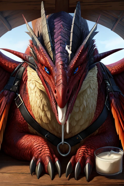 Colorful , feathered three wyvern body lying down on the table. Wings spread out and Strapped to the table with leather straps. Mouth wide open faceing camera with no teeth and fangs and tooth with milk inside mouth. Milk dripping out of mouth splattering onto the table. Milk inside the wyvern’s mouth. Close up , Photorealistic.all three Head tied down to the table. Leather harness on head. The wyverns is in a bowing position pointed tord camera. Front claw on wings. The wyverns also has a cute face with its throat clearly visible and milk everywhere. Close up head shot photorealistic shot. Defined jaw line.