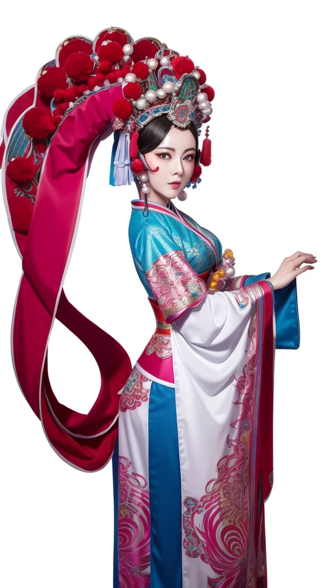 masterpiece, best quality, masterpiece, best quality, 1 Girl, Peking Opera,Qibi，（masterpiece，Top quantity，Best quality，Official Art，Beauty and aesthetics：1.2），（1 Girl：1.3），Very detailed，（Fractal Art：1.1），Most detailed，（ tangled:1.2), Full Body Love, (White background:1.3), (Glowing skin), (multiple colour:1.4),