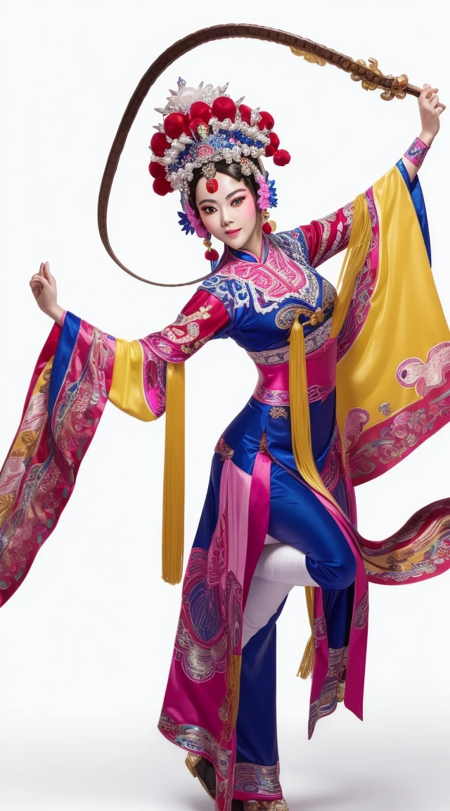 masterpiece, best quality, masterpiece, best quality, 1 Girl, Peking Opera,Qibi，（masterpiece，Top quantity，Best quality，Official Art，Beauty and aesthetics：1.2），（1 Girl：1.3），Very detailed，（Fractal Art：1.1），Most detailed，（ tangled:1.2), Full Body Love, (White background:1.3), (Glowing skin), (multiple colour:1.4),