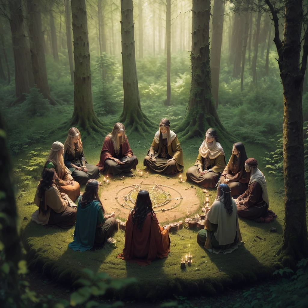 arafed group of people sitting in a circle in the woods, ritual in a forest, summoning circle, circle of the crone, forest ritual, in a circle, political meeting in the woods, people facing fire circle, home wicca scene, fairy circle, tarot card enviroment, dnd in a dark forest, mystical setting