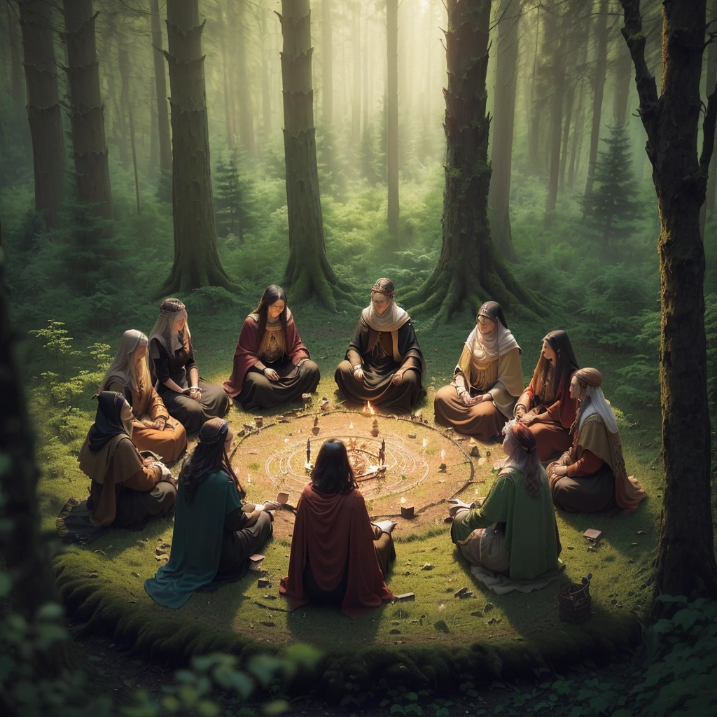 arafed group of people sitting in a circle in the woods, ritual in a forest, summoning circle, circle of the crone, forest ritual, in a circle, political meeting in the woods, people facing fire circle, home wicca scene, fairy circle, tarot card enviroment, dnd in a dark forest, mystical setting