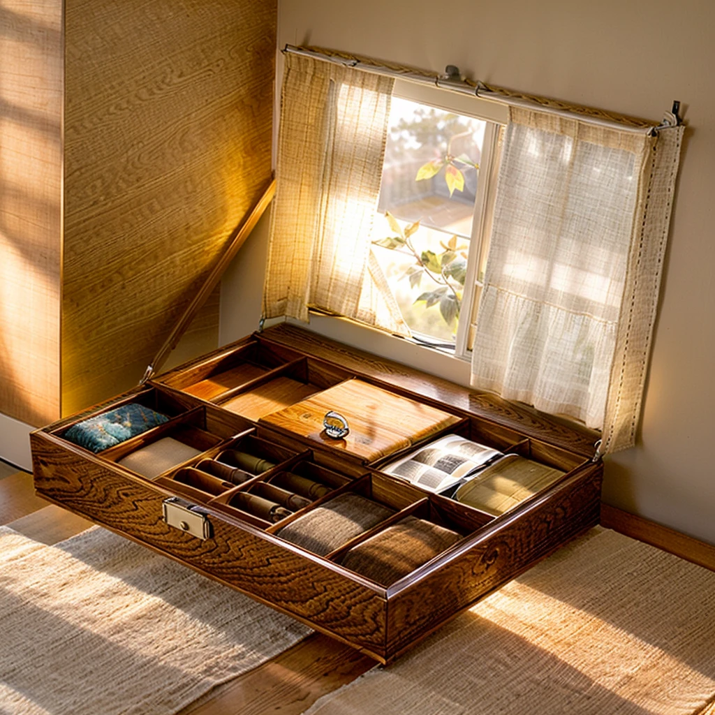 In this cozy room,A ray of sunlight shone through the half-drawn curtains on the table,Let the wood grain on the watch storage box shine with a faint luster。There was a calm and peaceful atmosphere in the air around them。There are several still lifes hanging on the walls of the room,It adds a touch of elegance to the space。And on the other side of the room,The half-open window lets in the breeze,The pages on the small desk by the window turned in the wind,This quiet scene gives a sense of tranquility and comfort。
