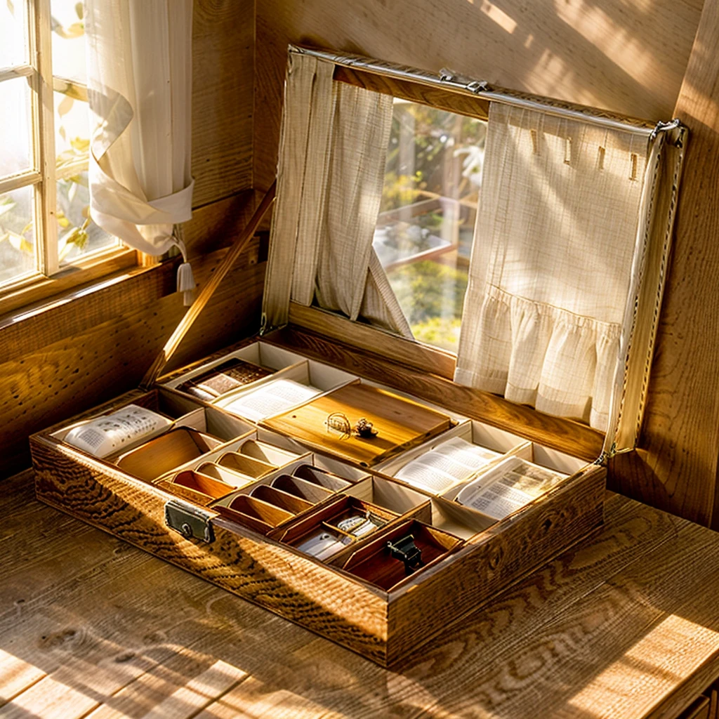 In this cozy room，A ray of sunlight shone through the half-drawn curtains on the table，Let the wood grain on the watch storage box shine with a faint luster。There was a calm and peaceful atmosphere in the air around them。There are several still lifes hanging on the walls of the room，It adds a touch of elegance to the space。And on the other side of the room，The half-open window lets in the breeze，The pages on the small desk by the window turned in the wind，This quiet scene gives a sense of tranquility and comfort。

