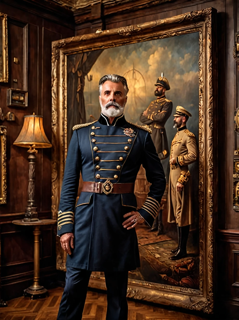 photo focus on male focus, indoors, realistic scenery, (captain nemo:1.1), standing in front of a beautiful painting, high quality painting, hands behind his back, close-up, loaded military uniform, steampunk nautilus-style. very wide shot, character photo portrait, film, professional, 4k, highly detailed,