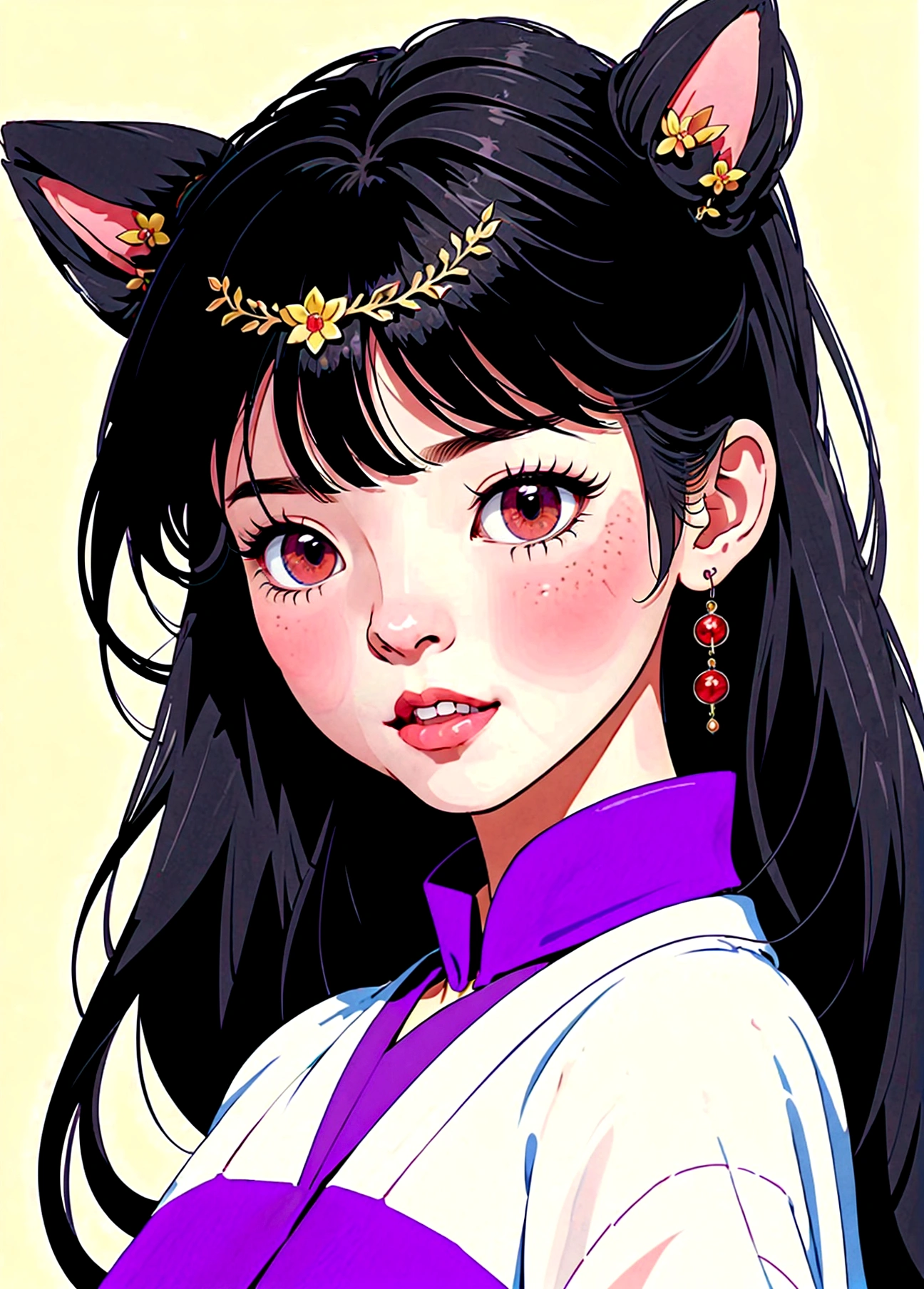 Masterpiece, best quality, full body shot (head and feet in the frame)(highly precise drawing down to the smallest detail)(anatomically correct illustration)(extremely precise representation)1girl,small breasts, sporty butt, athletic figure,a breathtakingly beautiful bakeneko or nekomata (intricate cat eyes) the japanese shapeshifter yokai with cat ears and cat tails (smiles cute with fangs) dressed in pink-peach-magenta-yellow hanfu clothing worthy a goddess with a beautiful headdress dances left out in front of decorative wallpaper,decorative cat masks, delicate company, very detailed images, extremely detailed, complicated details, highres, super complex details, extremely detailed 8k CG wallpaper, anime, cgi, devilish, frightening, dynamic lighting ,Oiran,Intricate, vampy fang,yaohu, cat ear and cat tail,cateyes