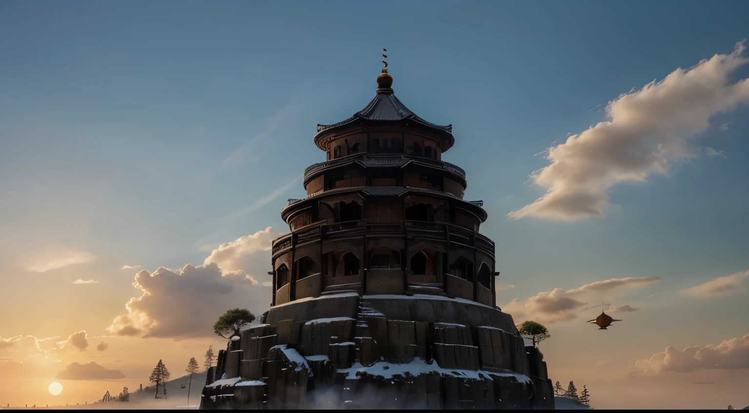 Ancient Chinese 拱itecture,3.	The picture is frozen at noon on the day of the summer solstice，The sun hangs high in the sky，shining，Like a huge fireball。Sudden，A few clouds floating in the sky，They block some of the sunlight，Mottled light and shadow, Epic Composition, High-resolution details, masterpiece, best quality, (Very detailed CG Unity 8k wallpaper) - At 6 o&#39;clock