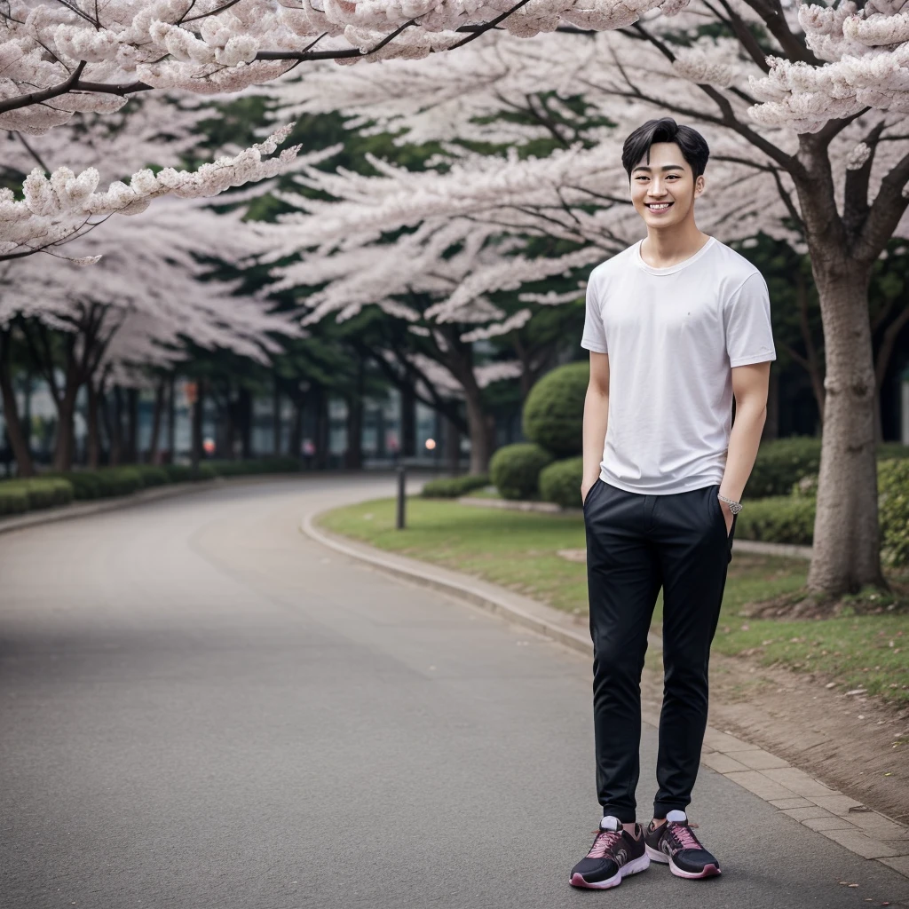 ((hyperdetail)), ((hyperrealistic)), ((hyperrealism)), Professional, Angle camera shooting from below, realistic, High level of detail, Full body photo of 25 years old Korean male, alone, just 1 man, one man, face like Jungkook BTS, nice hair like Jungkook BTS hair, nice eyes, wearing plain t-shirt, wearing sneakers, full body, fit body almost 75 kg bodyweight weight and 185 cm body height, fit body like gym trainer, not thin and not fat, standing posing for a photo, chill on a city park, photogenic pose, smile pose, (random standing pose: 1.3) ,Natural light, (Attractive young man:1.3), (seductive:1.1), (blush:1.1), bacgkround at street near seoul district , cherry blossom at Seoul, beautiful cherry blossom, shower of sunshine, ((cool pose)), ((gentleman pose)), ((ISO 1600)), ((50mm lens)), ((wide shot)),