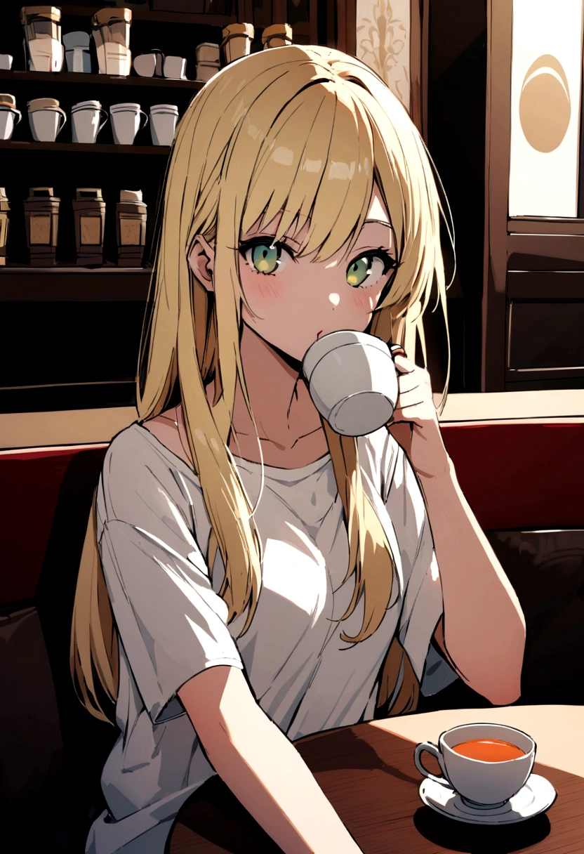 Very beautiful 22 year old blonde wearing a t-shirt looking straight into the camera sitting in a restaurant drinking tea