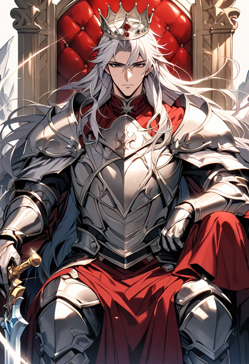 Handsome with a crown, single, 1 male, long hair, white hair, black eyes, warrior king outfit, shiny silver armor. A red robe with white fur sat on the throne. An enormous power swirled like ice mixed with wind. There was a king's crown and a gleaming sword by his side.