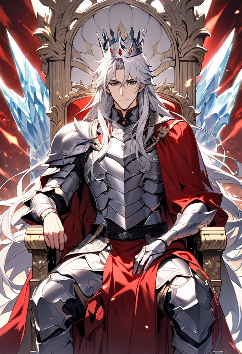 Handsome with a crown, single, 1 male, long hair, white hair, black eyes, warrior king outfit, shiny silver armor. A red robe with white fur sat on the throne. An enormous power swirled like ice mixed with wind. There was a king's crown and a gleaming sword by his side.