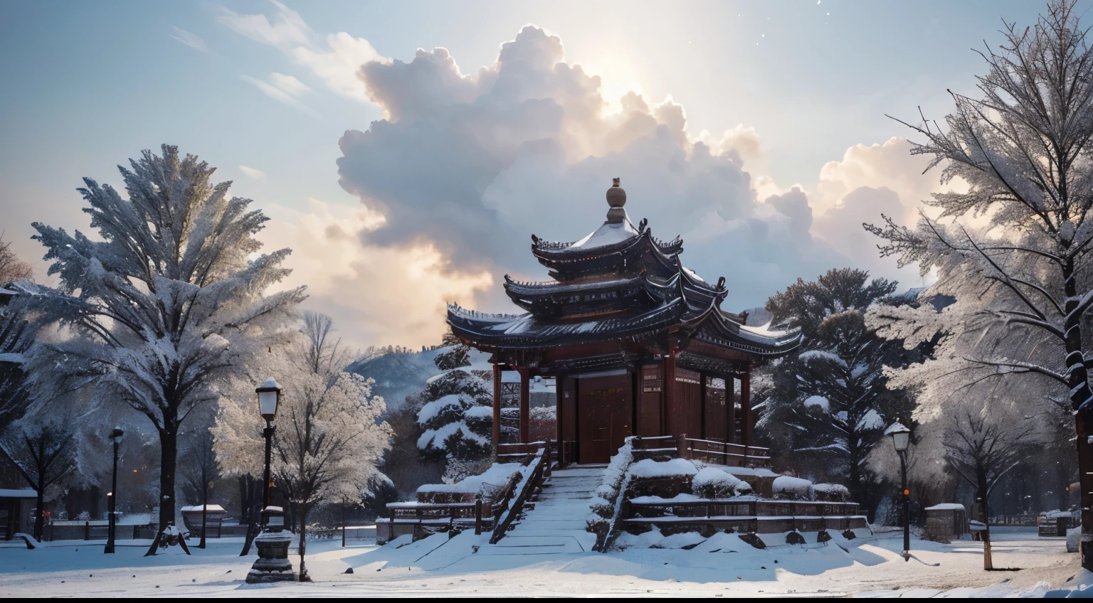 Ancient Chinese 拱itecture, Snowflakes flying,The whole world is covered in white。The branches are covered with snow,As if covered with a layer of silver。Sunlight through the clouds,Sprinkle on the ground,Playful contrast with snowflakes,A beautiful winter picture is formed, Epic Composition, High-resolution details, masterpiece, best quality, (Very detailed CG Unity 8k wallpaper) - At 6 o'clock