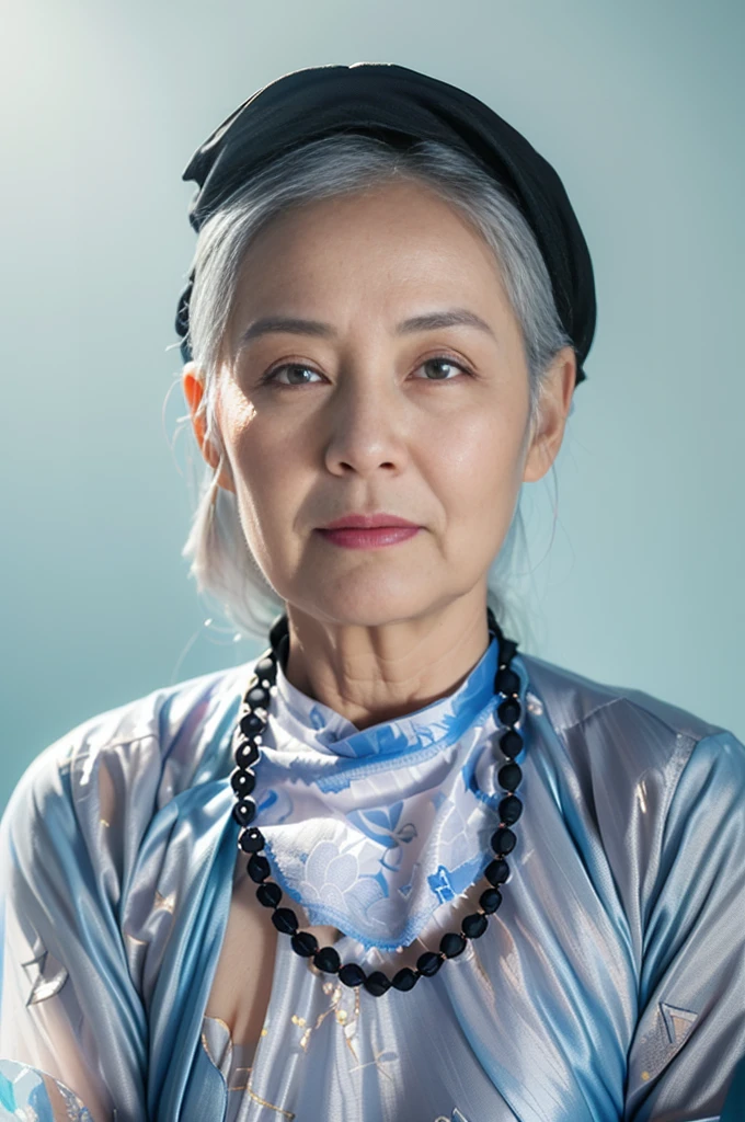 Highly realistic photo, ((masterpiece), (best quality), (raw photo), (photorealistic:1.4), Portrait of a 85 year old Vietnamese woman, wearing a dark traditional Vietnamese aodai and a black scarf on her head, ((gray hair)), (light blue background) , photo taken by Sony A7IV
