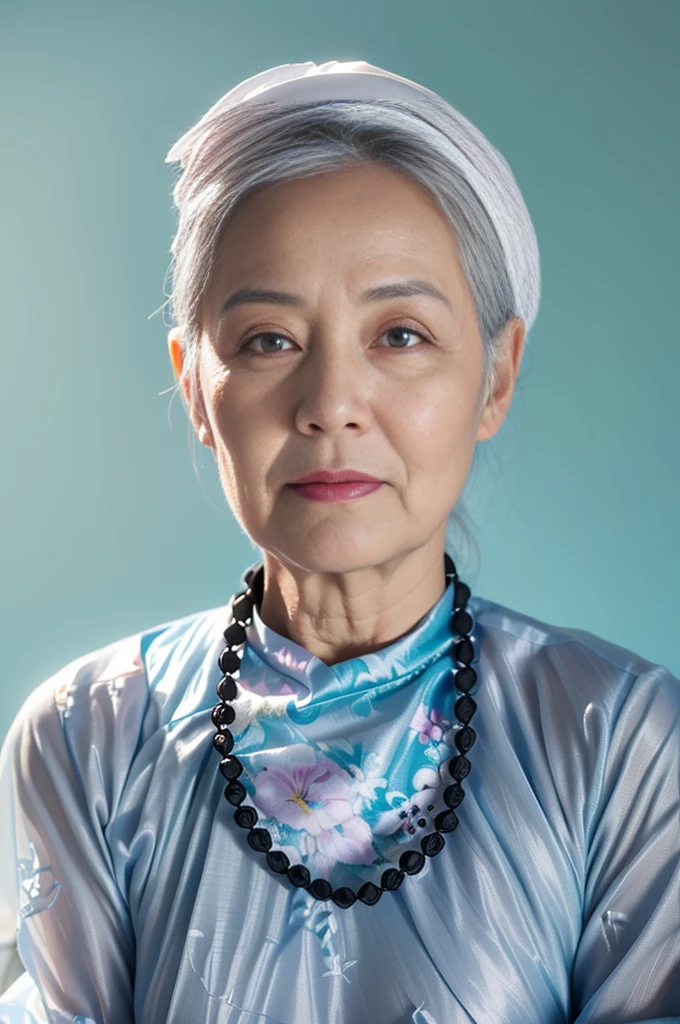 Highly realistic photo, ((masterpiece), (best quality), (raw photo), (photorealistic:1.4), Portrait of a 85 year old Vietnamese woman, wearing a dark traditional Vietnamese aodai and a black scarf on her head, ((gray hair)), (light blue background) , photo taken by Sony A7IV
