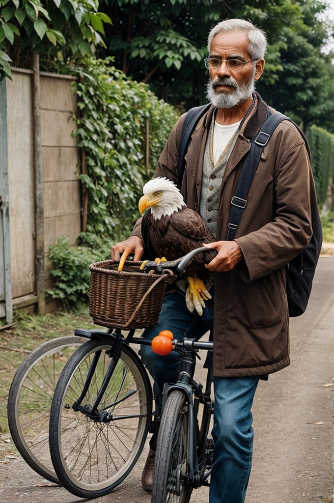 A poor man carrying a vegetable made eagle on a cycle.
