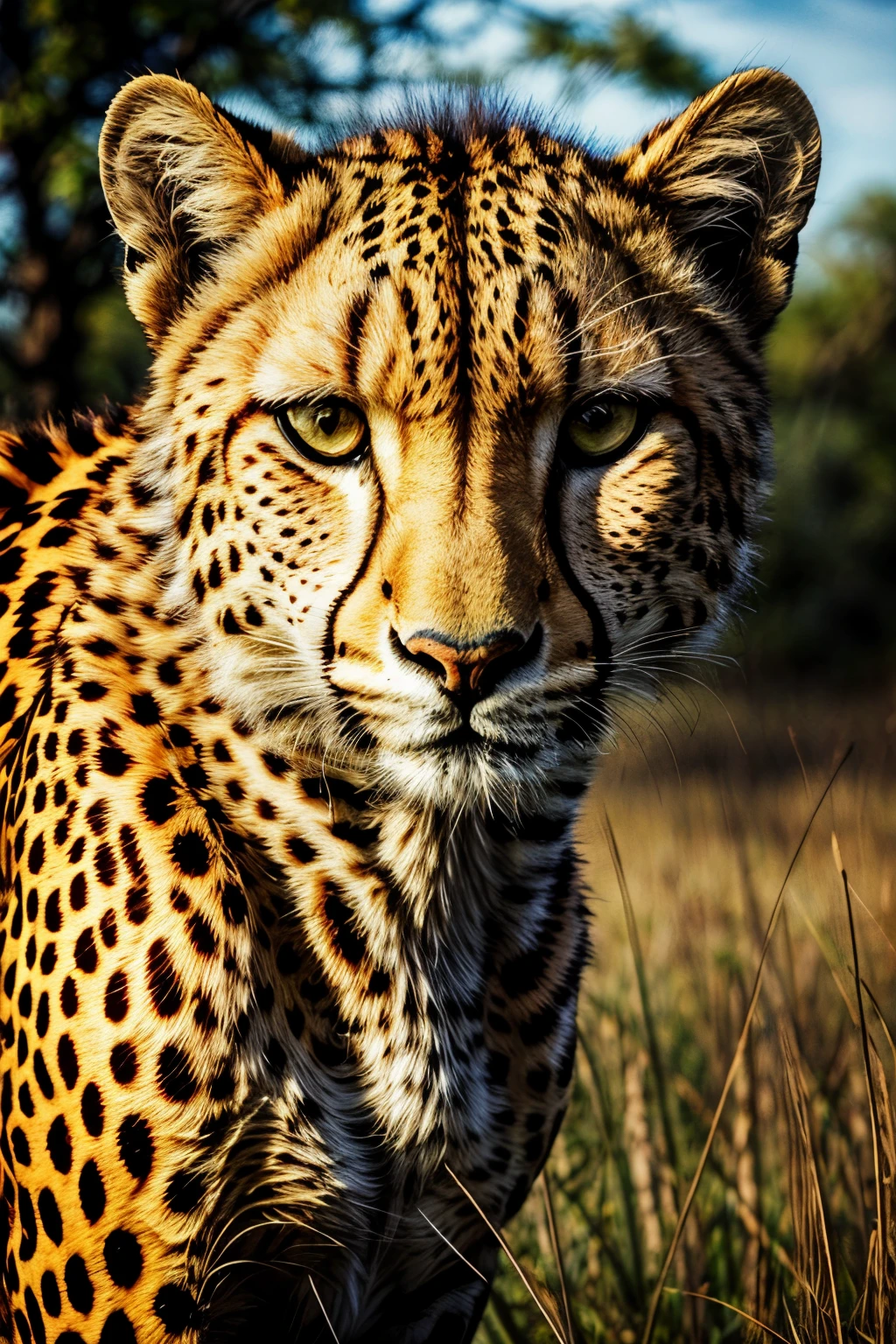 (masterpiece, best quality), 1 colorful cheetah,, savanna background