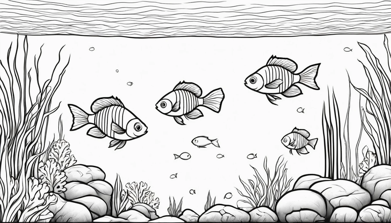 a group of small fish in aquascape scenery, cartoon, ,Coloring Book, ColoringBookAF,