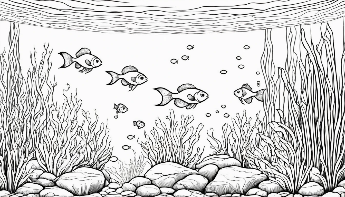 a group of small fish in aquascape scenery, cartoon, ,Coloring Book, ColoringBookAF,